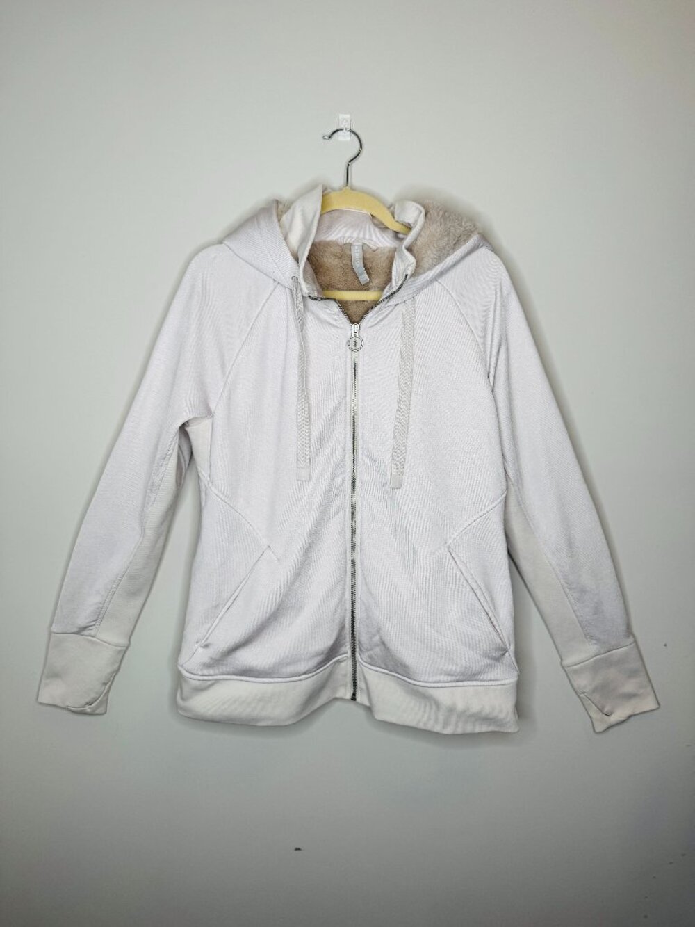 Athleta Triumph Luxe Shine Jacket Womens L Full Zip Ivory Hooded Faux Fur Lined